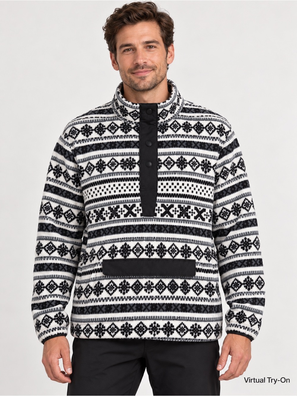 J JACHS Cabin Mens XL Fair Isle Fleece Pullover Snap Neck Black White Nordic Swe